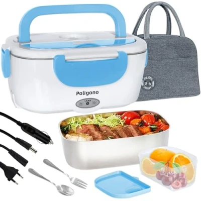 Immagine di Poligono Scaldavivande Elettrico Portatile con Borsa Termica, Lunch Box 1.5L Portavivande Termico Elettronico in Acciaio Inox, Porta Pranzo da Ufficio e Auto(55W 220V), Blu