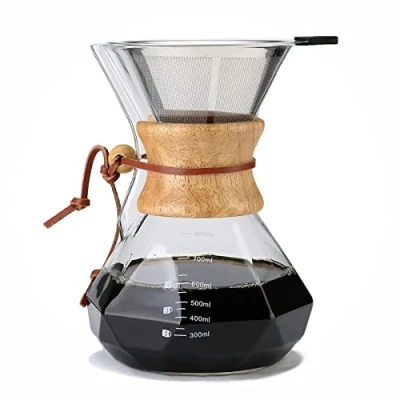 Immagine di Lalord Caffettiera Pour Over con Filtro in Acciaio Inox, Caraffa Vetro Borosilicato da 800ml, Inossidabile a Doppio Strato e Collare Legno Moderno, Capacità 4 6 Tazze.