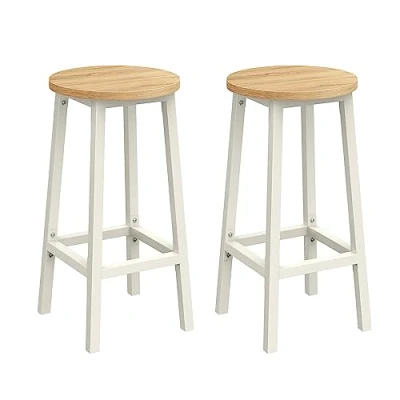 Immagine di VASAGLE Sgabello da bar, Set di 2 sedie cucina, sedile alto, telaio in metallo, montaggio semplice, con poggiapiedi per soggiorno, sala pranzo, beige rovere e bianco classico LBC032W09