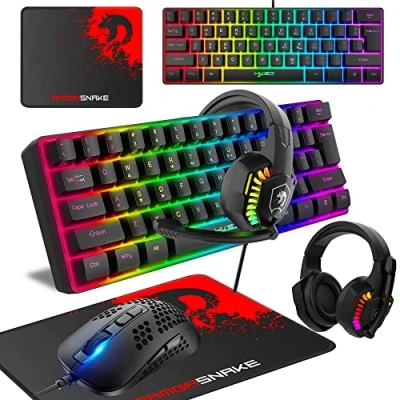 Immagine di 60% Wired Compact Gaming Keyboard Mini 61 Tasti 11 RGB Retroilluminato Effetti con Pieni Anti ghosting+ Mouse Ottico Leggero A nido d&#039;ape 2400DPI+ Headset + Pad Rosa