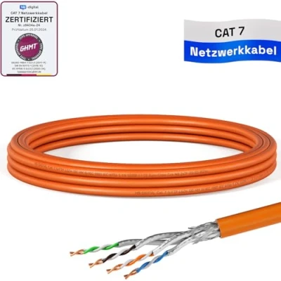 Immagine di HB DIGITAL cavo di rete CAT.7, 5 m, LAN, AWG 23, in puro rame S/FTP PiMF LSZH, privo alogeni, RoHS Compliant Ethernet, installazione PoE 10 Gbit/s, certificato GHMT arancione