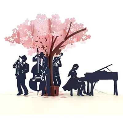 Immagine di MOKIO® Biglietto auguri Pop Up Concerto jazz sotto un albero in fiore di 3D per compleanno o matrimonio, anniversario, pensione, pieghevole con busta