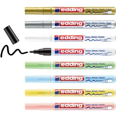 Immagine di edding 751 Marcatori a Vernice Lucida, Mix di Colori Metallizzati e Pastello, Set da 8, Punta Rotonda 1 2 Mm, Pennarello Indelebile per Vetro, Pietra, Legno, Carta, Impermeabile, Alta Copertura