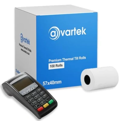 Immagine di AVARTEK, Rotoli di carta termica per scontrino, lettore carte credito PDQ, POS, EPOS, lettori carte, Barclaycard, Verifone, Ingenico, Sagem, Spire, Pax, Worldpay, 57 x 40 mm, confezione da 100