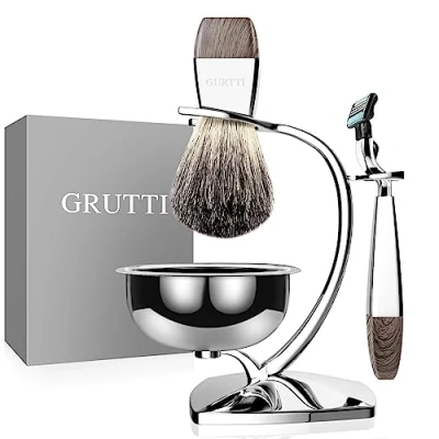 Immagine di GRUTTI Set da barba, rasoio cromato di lusso e portaspazzole con portasapone spazzola in tasso Badger Pennello sicurezza compatibile Mach 3