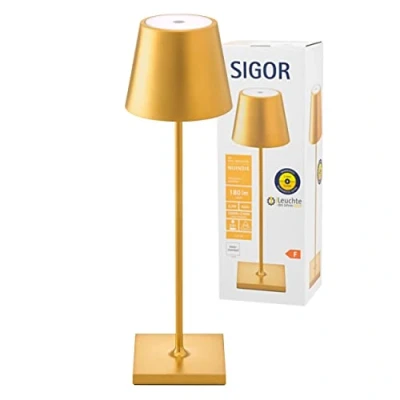Immagine di SIGOR Nuindie Lampada da tavalo a batteria LED dimmerabile per interni ed esterni, altezza 38 cm, ricaricabile con Easy Connect, durata luce 24 ore, Oro