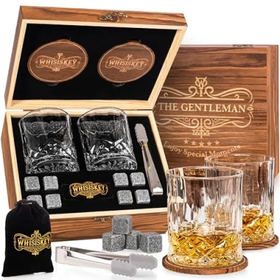 Immagine di Whisiskey Set Bicchieri da Whisky Regalo Idee Uomo Compleanno Scatola Regalo, 2 x 310ML, 4 Cubetti di Ghiaccio Riutilizzabili, Accessori