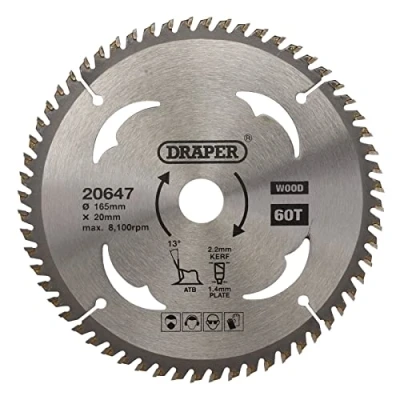 Immagine di Draper 20647 TCT Lama per sega circolare legno, 165 x 20 mm, 60T, argento, taglia unica