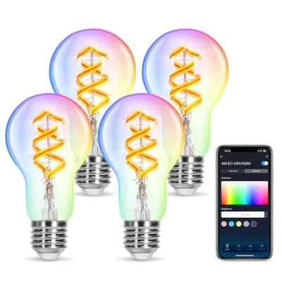 Immagine di Aigostar Lampadina Alexa, Lampadine Smart E27 RGBW 4.9W 420LM, Bulb A60 Luce Calda 2700K, Intelligenti Compatibile con Alexa e Google Home. Vintage Filamento WIFI, 4 Unità