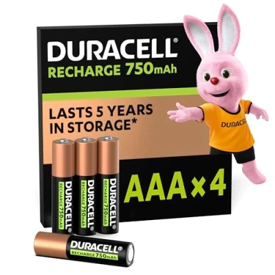 Immagine di Batterie Ricaricabili Duracell AAA (Confezione da 4), Pile ricaricabili, 750 mAh NiMH, 1000 ricariche, pre caricate, energia di lunga durata