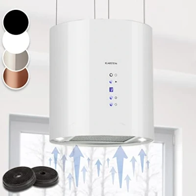 Immagine di Klarstein Cappa Sospesa per Isola Cucina a Candelabro con LED Sottopensile, Flusso d&#039;Aria di 558m3/h, Filtri Antigrasso, Carboni Attivi
