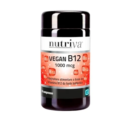 Immagine di NUTRIVA Vegan B12 1000 mcg è un integratore alimentare a base di vitamina B12, utile per il normale funzionamento del sistema nervoso e immunitario, vegano, 60 compresse