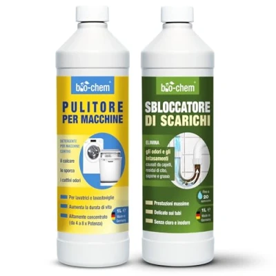 Immagine di bio chem lavastoviglie Duo: pulitore per tubi senza scarico 1 l + detergente lavatrice extra forte contro intasamento, calcare e odori delicato sui materiali inodore