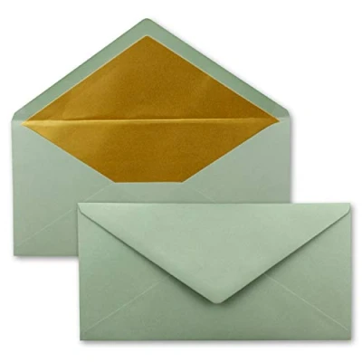 Immagine di 100x Buste formato lunghe Colore: verde eucalipto con rivestimento interno metallizzato oro 110 x 220 mm Colla a umido festive per Natale