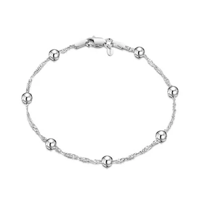 Immagine di Amberta Bracciale da Donna in Argento Sterling 925 Lunghezza 19 cm: Maglia Singapore con Perline 1.4/4 mm