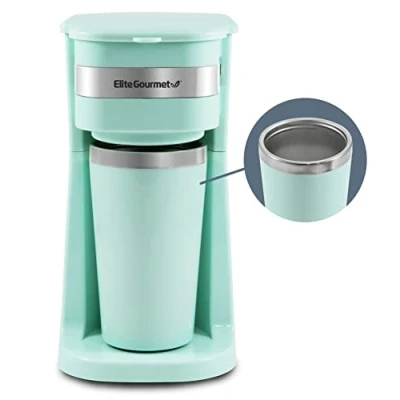 Immagine di Elite Gourmet, Macchinetta per caffè EHC113M compatta, monodose, 414 ml, con tazza termica da viaggio interno in acciaio inox, compatibile macinato, filtro riutilizzabile, verde menta