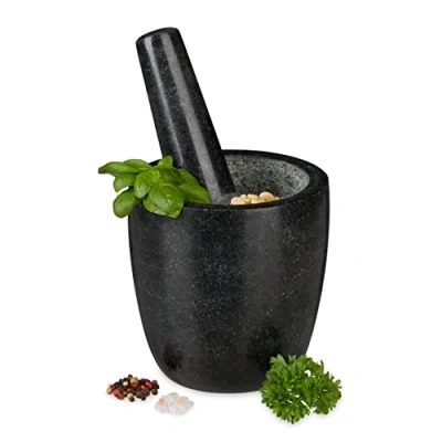 Immagine di Relaxdays Mortaio &amp; Pestello in Granito, Robusto Resistente, Erbe Aromatiche, Pietra Lucida, V 500ml, Ø 13, Nero