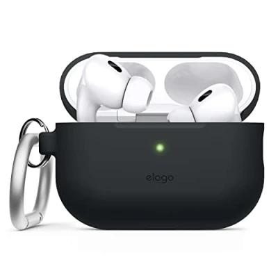 Immagine di elago Cover in Silicone Compatibile con Apple AirPods Pro 2a Generazione (2022), Custodia Protettiva Portachiavi, LED Frontale Visibile, Supporta la Ricarica Wireless (Nero)