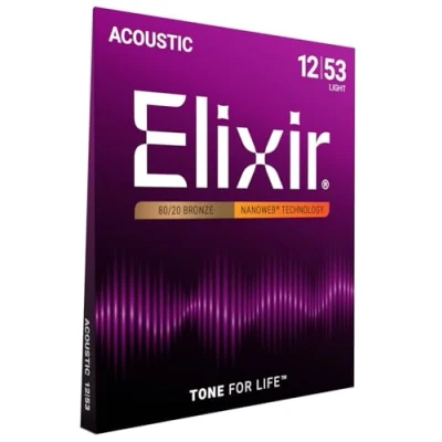Immagine di Corde per chitarra acustica bronzo 80/20 Elixir Strings con rivestimento NANOWEB, Light (.012 .053)