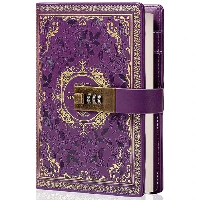 Immagine di TIEFOSSI Diario segreto in pelle vintage con lucchetto a combinazione, formato B6 fiori rilievo, righe, per scrivere, regalo donne, ragazze e bambini (viola)