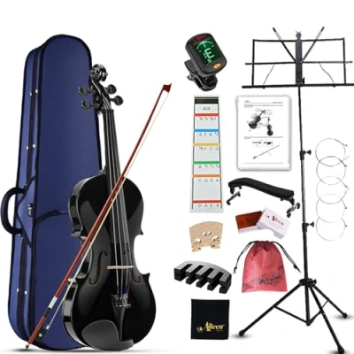 Immagine di Aileen Violino 4/4 per Adulti Principianti, Kit di Avviamento al Bambini dai 12 anni in su, Set Violini Neri Studenti con 13 Accessori, incluso Esclusivo Adesivo Tastiera