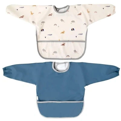 Immagine di MIMUSELINA Confezione da 2 Bavaglini Neonato Impermeabili con Maniche Lunghe Chiusura in Velcro Regolabile, Polsini Elastici e Tasca Frontale Bavaglino BLW Prodotto Spagna