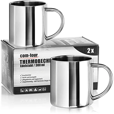 Immagine di COM FOUR® 2 tazze termiche in acciaio inossidabile 300 ml per tazza isolante a doppia parete da caffè infrangibile termica campeggio senza BPA