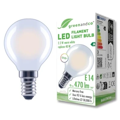 Immagine di greenandco Lampadina A filamento LED smerigliata E14 G45 2,2 W 470 lm sostituisce 40 2700 K bianco caldo 320 230 V senza sfarfallio Classe energetica non dimmerabile