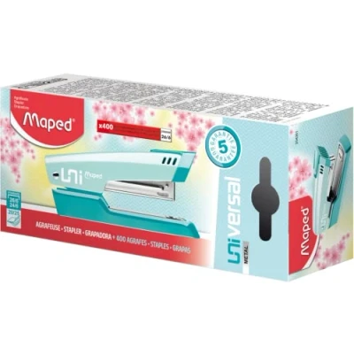 Immagine di Maped Cucitrice universale in metallo Cucitura + chiodatura Compatibile Con graffette n. 24/6 e 26/6 Capacità da 20 a 25 fogli 400 punti Incluse Colore pastello Blu