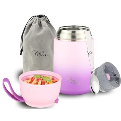 Immagine di Milu Thermo per Alimenti 650 ml Contenitore Termico di Acciaio Inossidabile, Isotermico Sottovuoto Cibi Caldi e Freddi (Rosa Violetto, 650ml)