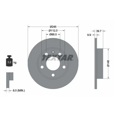 Immagine di TEXTAR 92106200 Disco freno 245 9,9 05/06 112 pieno senza bullone fissaggio ruota, mozzo portaruota AUDI: A4 B7 Avant, B6 Sedan