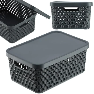 Immagine di KADAX Cesto portaoggetti con coperchio, scatola in plastica, contenitore moderno fori di ventilazione (4,5 l, grigio)