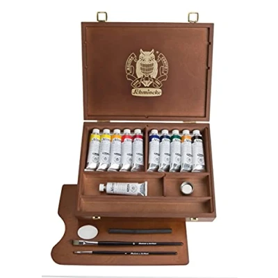Immagine di Schmincke Norma® colori sopraffini ad olio Premium scatola di legno, set pittura 11 x 35 ml, 71 310 097, accessori: spatola, carboncino, 2 pennelli daVinci.