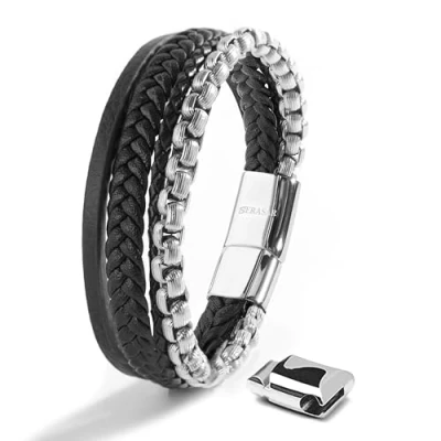 Immagine di SERASAR Bracciali Da Uomo Argento 23cm Bracciale in Pelle Gioielli intrecciato Soldato Avvolgente Braccialetto A Catena