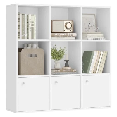 Immagine di VASAGLE Libreria in Legno, Scaffale per Studio e Ufficio, Guardaroba Autoportante Portaoggetti con 3 Armadietti Inferiori, Bianco LBC33WT