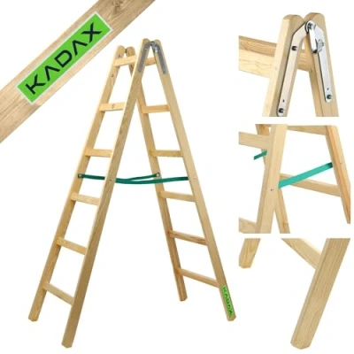 Immagine di KADAX Scala a Pioli Doppia in Legno di Pino Impregnato, Scaletta Pieghevole con Gancio Acciaio e Certificata EN 131, Fino 150 kg (6 Gradini)