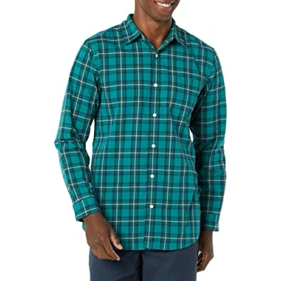 Immagine di Amazon Essentials Camicia in Popeline Elasticizzato A Manica Lunga dalla vestibilità Aderente Uomo, Verde Oro Quadretti, XS