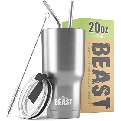 Immagine di BEAST Tazza Termica da Viaggio 550 ml I Acciaio Doppia Parete Inox Termos Caffè Isolato con 2 Cannucce Riutilizzabili &amp; Spazzolino per Pulizia Ideale Freddo o Caldo