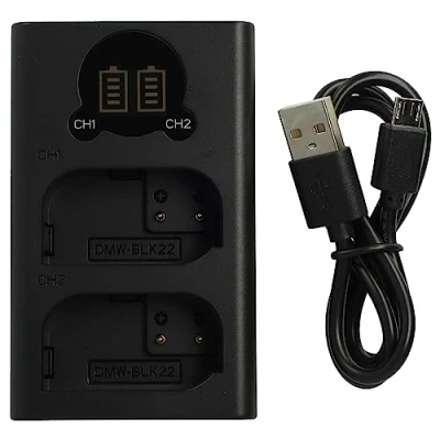 Immagine di vhbw caricatore duale compatibile con Panasonic DMW BLK22, BLK22E camera Stazione di carica, cavo micro USB display, 8,4 V