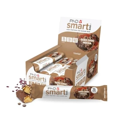 Immagine di PhD Nutrition Smart Bar Barretta proteica 12x64g Cioccolato fondente e caffè Protein con 21g di proteine poco zucchero, Adatta a una dieta macro