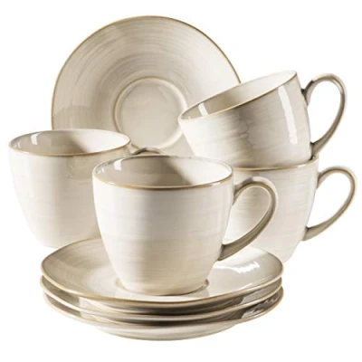 Immagine di MÄSER Serie Nottingham Set di tazze da caffè vintage per 4 persone, piattini con arrotondamenti irregolari in stile retrò, gres, beige