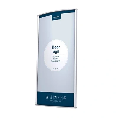 Immagine di EUROPEL Porta cartello da parete, semplice ed elegante, leggermente curvo, 21 x 15 cm, display verticale o orizzontale, copertura antiriflesso in PVC, argento, viti fissaggio adesivo, materiale di