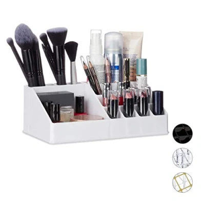 Immagine di Relaxdays Contenitore Porta Trucchi in Acrilico, Make Up Organizer con 16 Scomparti per Cosmetici, Rossetti, Bianco, 8 x 22 12.5 cm
