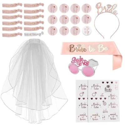 Immagine di Bride to Be Fascia e velo, da donna, accessorio per addio al nubilato, decorazione set con occhiali tiara, 12 bracciali, badge feste di nubilato