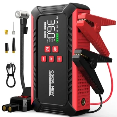 Immagine di OGORI NEW Booster Avviamento Auto con Compressore Aria Portatile,Avviatore Batteria 6000A (per Motori Fino a 8.0L Benzina/10.0L Diesel),12V Starter Torcia LED, Display LCD