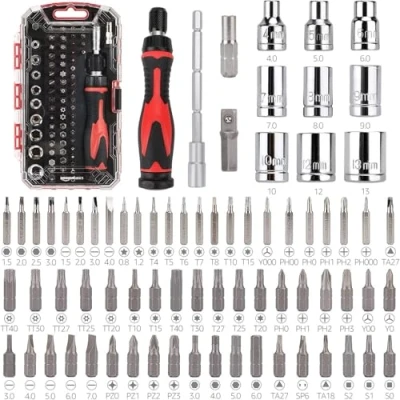 Immagine di Amazon Basics Set di chiavi a cricchetto magnetiche e cacciaviti precisione per elettronica, 73 unità, Nero, Rosso, Argento
