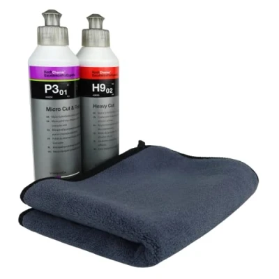 Immagine di Koch Chemie Heavy Cut Set di 3 pezzi per lucidatura, 250 ml + Micro &amp; Finish con carnauba da 1 panno in microfibra ADVANTUSE