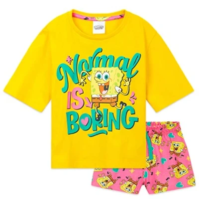 Immagine di Spongebob Squarepants Pigiama Bambina Bimba Estivo con Maniche Corte e Pantaloncini Cotone 100% Corto Gadget Ufficiale (Giallo/Rosa, 5 6 Anni)