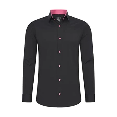 Immagine di Rusty Neal Camicia da uomo di alta qualità, slim fit, a maniche lunghe, elasticizzata, contrasto, per il tempo libero, nero / rosa, M