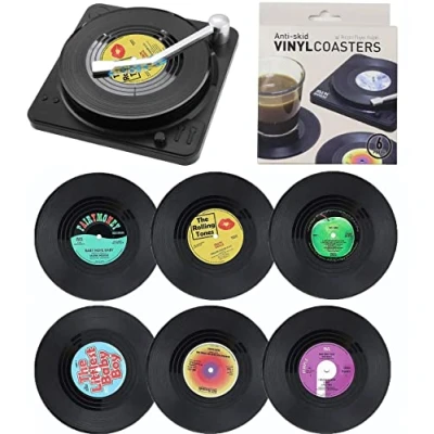 Immagine di Litensh sottobicchieri in vinile retrò CD, antiscivolo, gomma, isolati, rotondi, per tè, caffè, bevande, protezione da tavolo impedisce lo scivolamento del supporto (Modello M1 + Supporto)